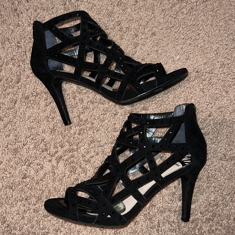 Black Strappy Sparkly Heels with Zipper. Size 9.5.